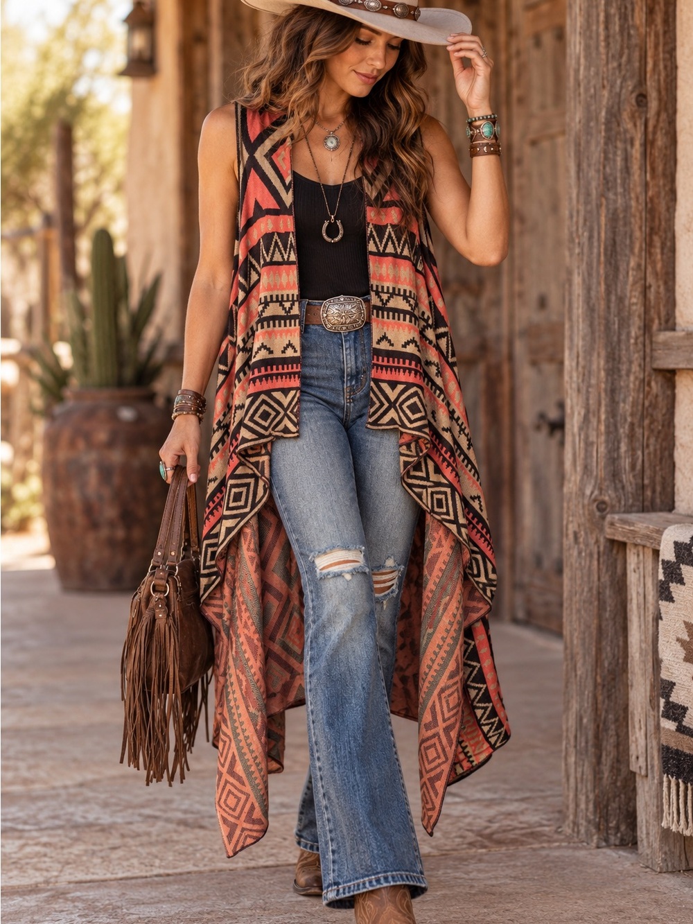 Timing M/L Southwestern Aztec Draped Long Vest Boho Western Cowgirl